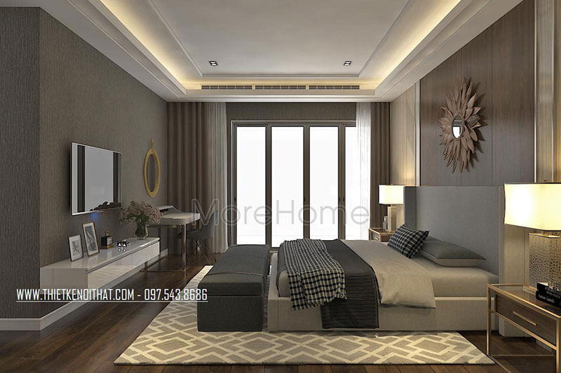 Thiết kế phòng ngủ Master khá đơn giản với tông màu xám thể hiện sự nhẹ nhàng, huyền bí Thiết kế chung cư