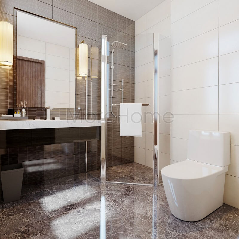 Mẫu thiết kế phòng tắm khách sạn hiện đại với đồ nội thất và thiết bị vệ sinh cao cấp kết hợp vách tắm kính giúp phòng tắm thêm đẳng cấp
