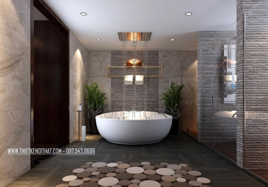 Thiết kế phòng tắm cao cấp bằng việc lựa chọn bồn tắm nằm thư giãn là sự lựa chọn lý tưởng của gia chủ thả mình sau một ngày dài làm việc mệt mỏi