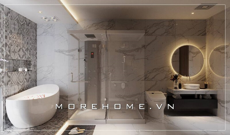 Mẫu thiết kế phòng tắm đẹp với nội thất kết hợp thiết bị vệ sinh cao cấp, sử dụng đá tự nhiên vân mây ốp tường cuốn hút mọi ánh nhìn
