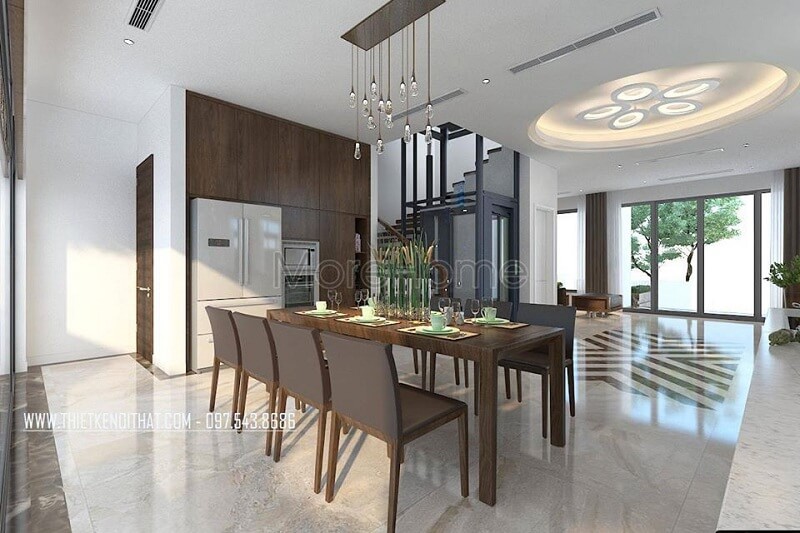 Thiết kế phòng ăn biệt thự đẹp với bộ bàn ăn gỗ tự nhiên tạo điểm nhấn nổi bật cho không gian thiết kế biệt thự