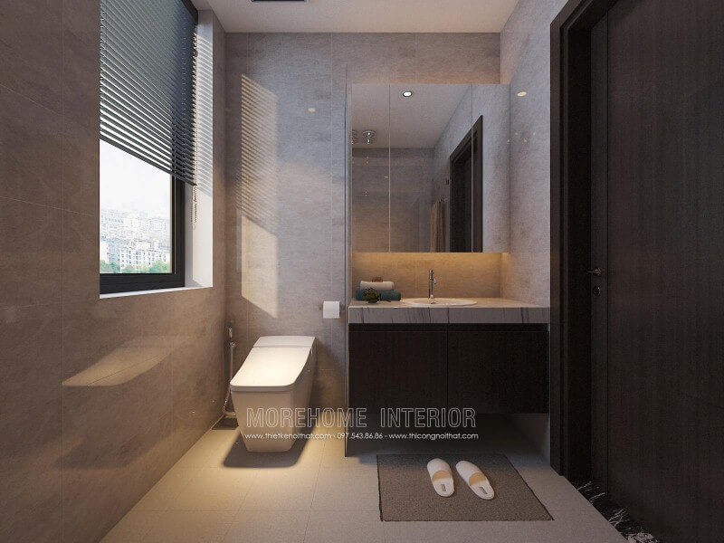 Tủ phòng tắm sẫm màu kết hợp cùng mặt bàn đá lavabor cùng bố trí hiện đại giúp cho phòng tắm nhỏ trở nên đẹp, sang trọng và đầy tiện ghi.