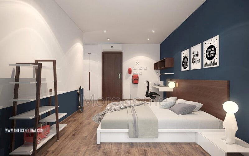 Mẫu phòng ngủ đẹp cho con trai được thiết kế với tone trắng làm chủ đạo, giúp tạo chiều sâu cho không gian, tạo hiệu ứng thị giác khiến căn phòng có vẻ rộng hơn so với diện tích thực