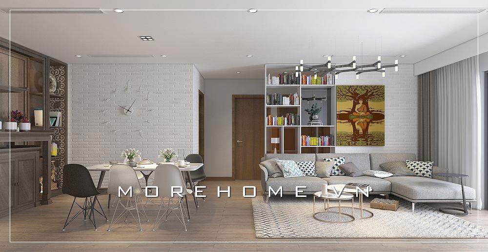 Phòng khách hiện đại trẻ trung với bộ bàn ghế sofa xám sáng màu cùng kết hợp cùng bộ bàn ghế eames độc đáo.