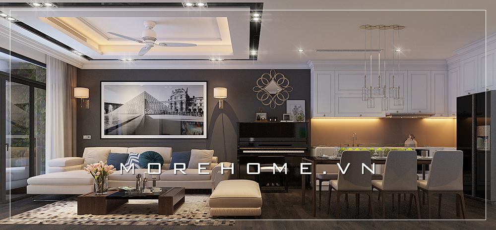 Thiết kế nội thất phòng khách liền phòng bếp ăn kết hợp cùng đàn piano trong căn hộ chung cư, tuy được phối nhiều thứ trong 1 không gian nhưng lại tạo cảm giác hài hòa không hề gò bò.