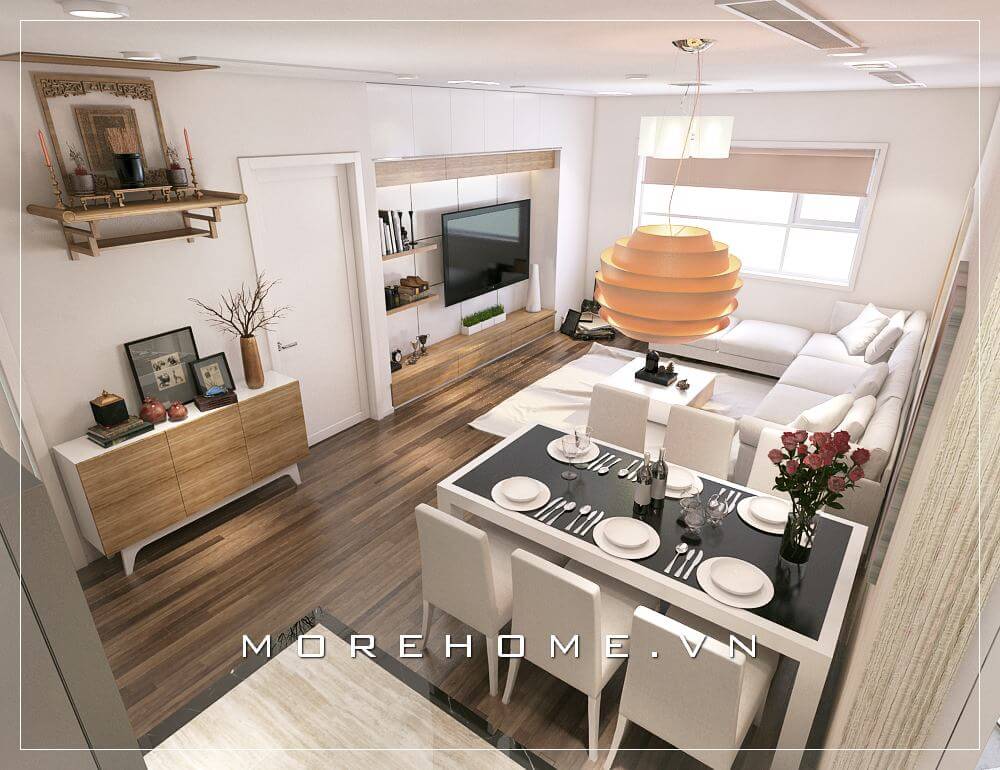Bố trí nội thất phòng khách liền phòng ăn hiện đại, đẹp sang trọng ấn tượng với sự kết hợp khéo léo giữa sắc trắng tinh tế và gỗ trầm ấm áp.