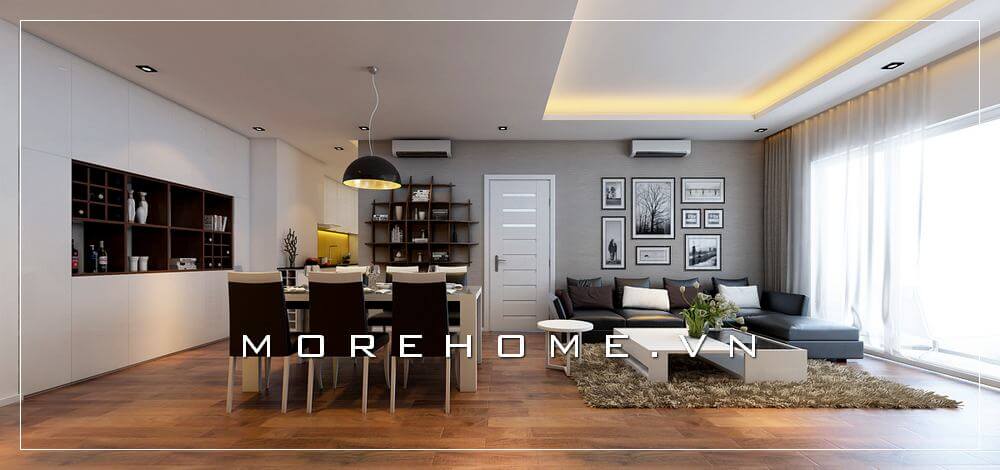 Sắc trầm tối màu kết hợp điểm nhấn trắng đã tạo nên vẻ đẹp đối lập độc đáo cho phòng khách liền bếp trong căn hộ chung cư.