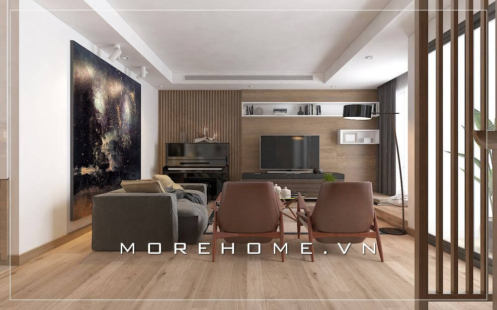 Trang trí nội thất phòng khách hiện đại có đàn piano, ban công cho căn hộ chung cư đẹp, sang trọng.