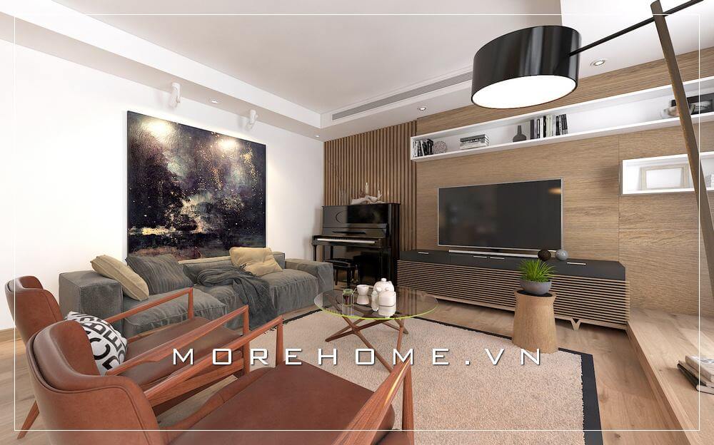 Thiết kế nội thất phòng khách với cách trang trí gỗ ốp tường đàn piano đang là một trong những xu hướng ấn tượng trong thiết kế nội thất.