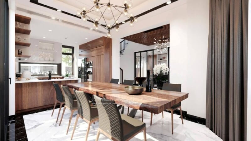 Mẫu tủ bếp hình chữ U với thiết kế bàn đảo liền mạch sẽ là một gợi ý tuyệt vời cho mẫu phòng bếp vuông vắn mà không cần tốn quá nhiều diện tích. Thiết kế nội thất