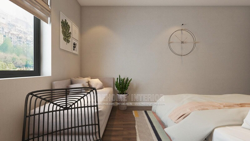 Ghế sofa dài màu ghi đẹp, hiện đại được bố trí ngay tại cửa sổ giúp bạn có thể tận hưởng cảm giác êm ái khi nắm nét đẹp sinh động từ tự nhiên ngay trong phòng ngủ của mình. Thiết kế nội thất