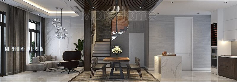 Thiết kế phòng khách, bếp ăn hiện đại độc lập nhưng không sử dụng rèm che giúp không gian trở nên thông thoáng, rộng rãi. Thiết kế nội thất