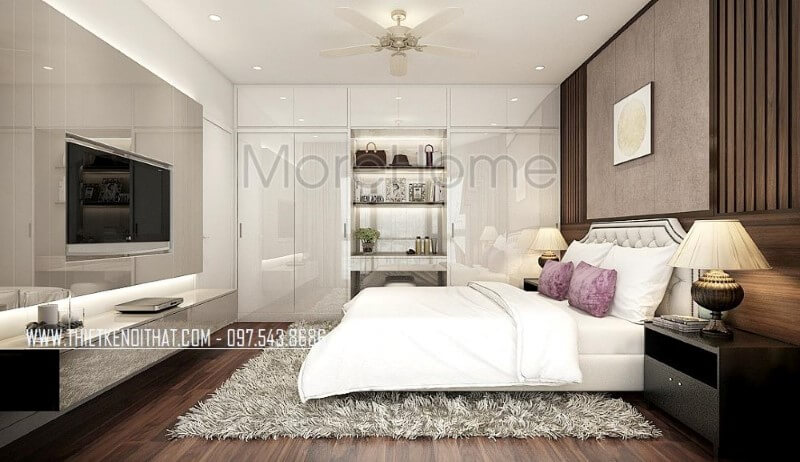 Tủ quần áo hiện đại vừa làm bàn trang điểm vừa để đồ trang trí vừa tận dụng không gian để quần áo với cửa 4 cánh cùng hệ tủ để đồ trên khá ngăn nắp giúp phòng ngủ trở nên gọn gàng, đẹp nhưng vẫn toát lên vẻ sang trọng, độc đáo. Thiết kế nội thất