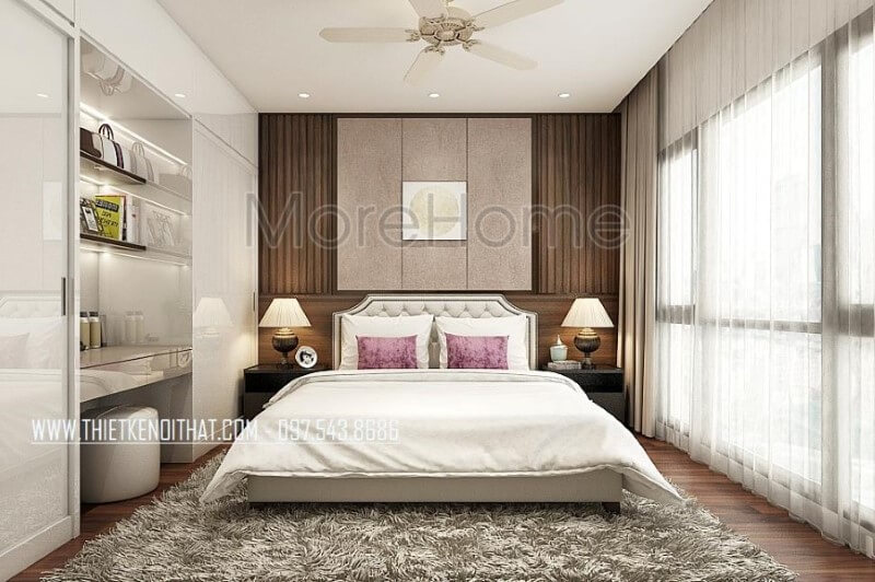 Giường ngủ bọc nệm kết hợp tường trang trí từ nệm cùng gỗ óc chó ốp tường tạo nên vẻ đẹp sang trọng, đẳng cấp cho phòng ngủ master. Thiết kế nội thất