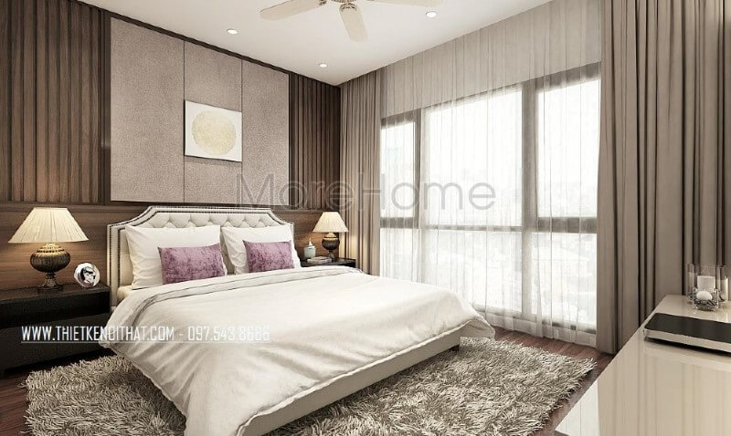 Phòng ngủ master hiện đại, đẹp, sang trọng, thông thoáng với hệ cửa kính lớn luôn đón nắng nhưng cũng giúp ngăn nóng kịp thời với rèm 2 lớp. Thiết kế nội thất