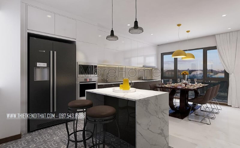 Trang trí nội thất phòng ăn, phòng bếp xen kẽ tạo nên nét đẹp hiện đại, độc đáo cho biệt thự, nhà phố. Thiết kế nội thất