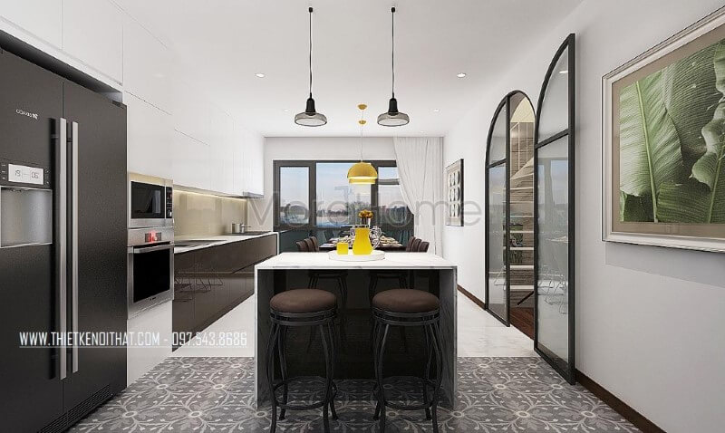 Bàn đảo bếp hiện đại sử dụng đá ốp vân mây tuyệt đẹp cùng 2 chiếc ghế đơn đẹp mắt giúp bạn có thể làm mọi thứ hữu ích cùng với đó vị trí bố trí cạnh tủ lạnh giúp bạn thuận tiện cho việc nấu ăn. Thiết kế nội thất