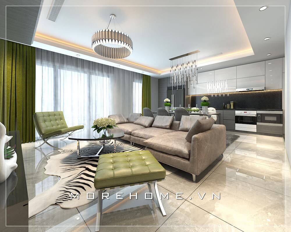 Bố trí nội thất phòng khách hiện đại liền bếp đẹp, sang trọng cho căn hộ chung cư. Thiết kế nội thất