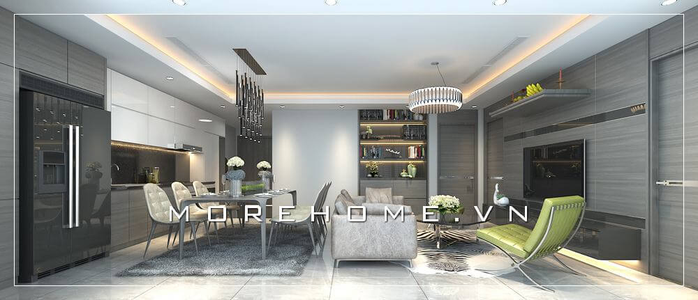 Phòng khách hiện đại kết hợp cùng đồ nội thất bọc da tạo vẻ đẹp sang trọng, độc đáo cho thiết kế nội thất căn hộ chung cư. Thiết kế nội thất