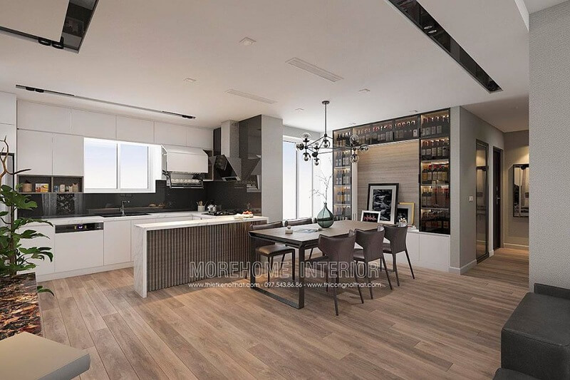 Thiết kế phòng bếp chung cư hiện đại với hệ tủ bếp acrylic thông minh cùng bộ bàn ăn gỗ tự nhiện được nhiều gia chủ yêu thích và hướng đến Nội thất phòng bếp căn hộ hiện đại