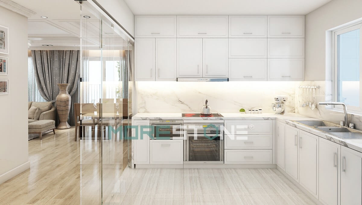 Đá ốp bếp màu trắng vân mây tạo nên vẻ đẹp mềm mại, độc đáo và không kém phần sang trọng cho nội thất phòng bếp Nội thất phòng bếp căn hộ hiện đại