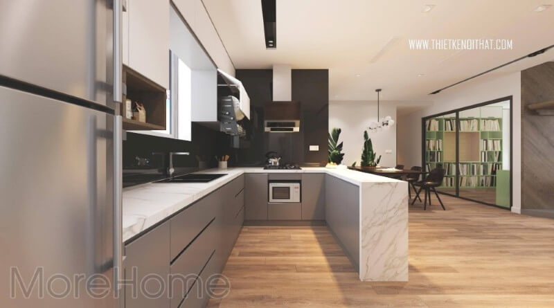 Nội thất phòng bếp chung cư hiện đại với các thiết bị nội thất bếp tiên nghi , đa năng đáp ứng như cầu của người nội trợ Nội thất phòng bếp căn hộ hiện đại