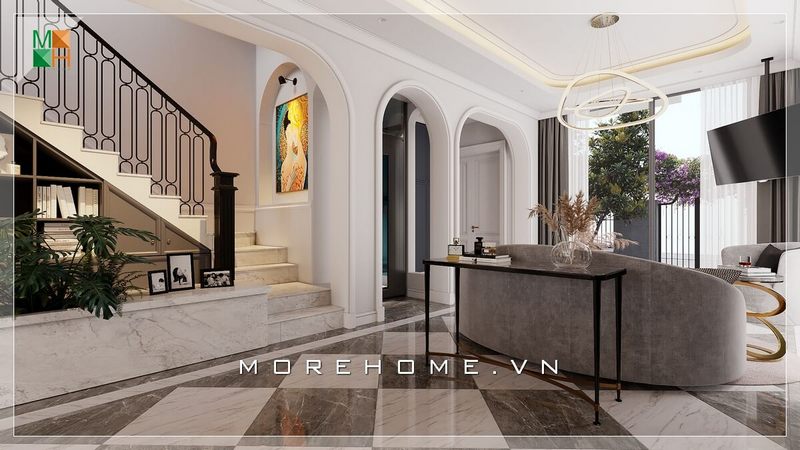 Mẫu thiết kế cầu thang ốp đá nhân tạo cao cấp được dành riêng cho các công trình như chung cư, biệt thự, nhà phố mang đến sự sang trọng và đẳng cấp phong cách tân cổ điển.