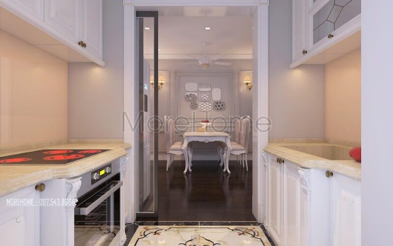 Kiến trúc sư đã chọn một mẫu đá ốp bếp cao cấp cho khu vực nhà bếp, để cung cấp cho người dùng một công cụ nấu nướng thuận tiện và có thể lau chùi nhanh chóng.