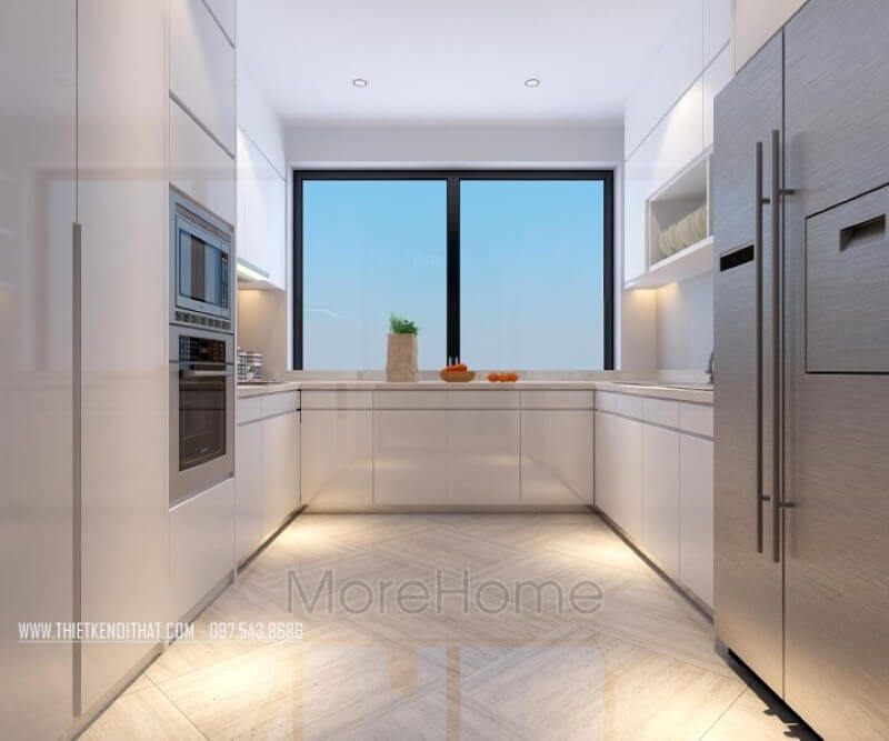 Nội thất phòng bếp chung cư đơn giản và tinh tế với tone màu trắng chủ đạo ấn tượng