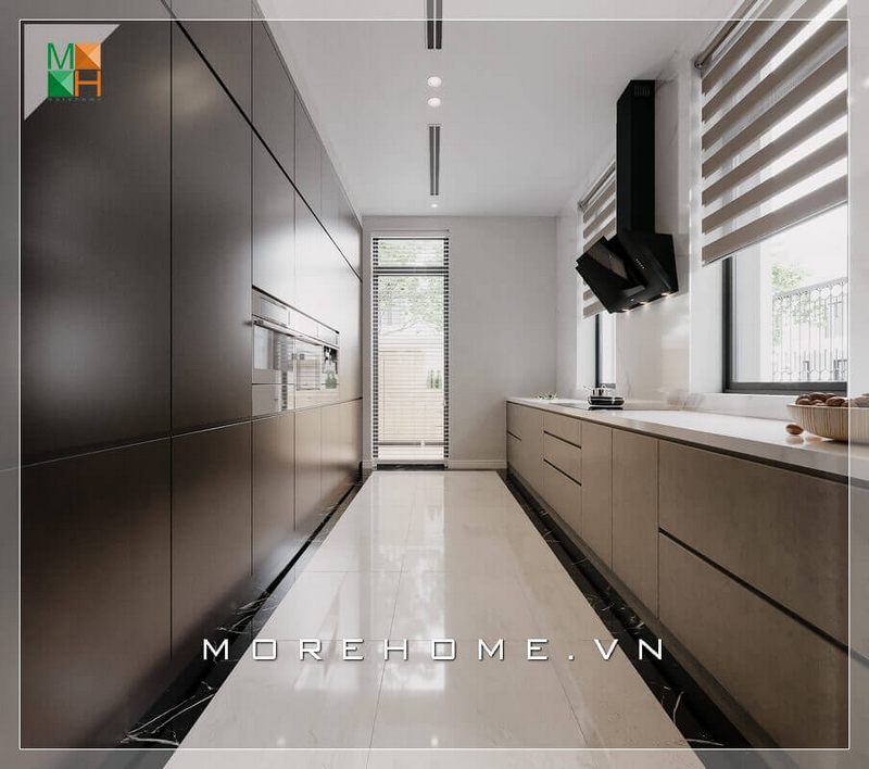 Mẫu thiết kế phòng bếp hiện đại với hệ tủ bếp chữ bằng gỗ công nghiệp được áp dụng cho các căn hộ chung cư, nhà phố và biệt thự.