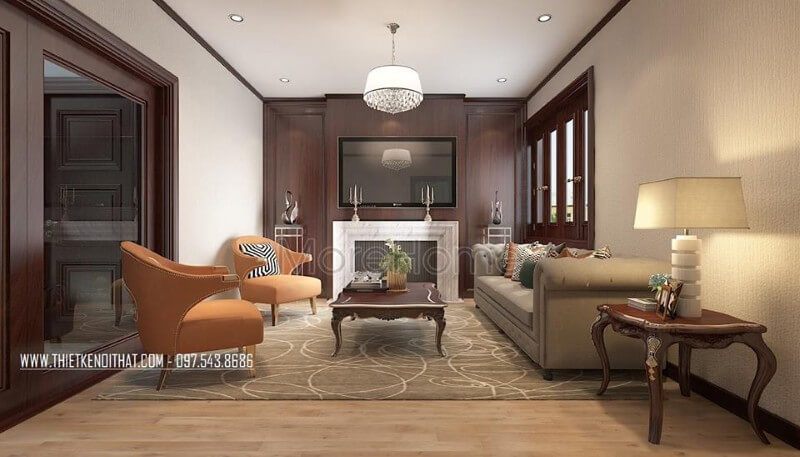 Nội thất phòng khách biệt thự tân cổ điển được trang trí nhẹ nhàng, không quá cầu kì vào từng chi tiết nhỏ, giúp tạo nên không gian sang trọng, thoáng đãng hơn.