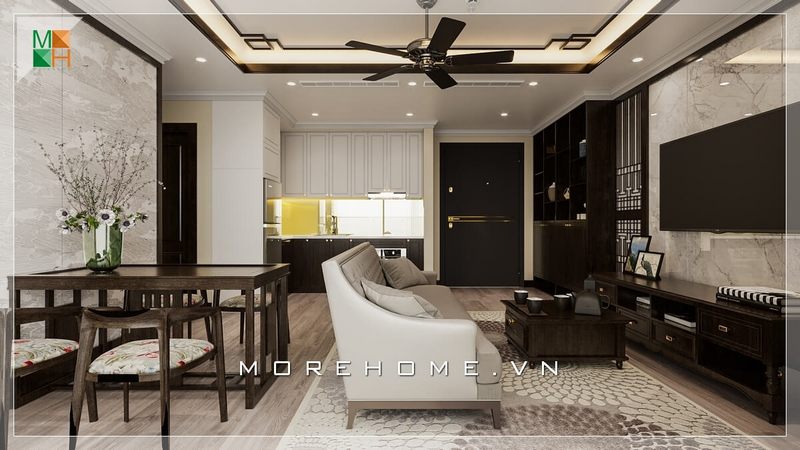 Gia chủ đã lựa chọn thiết kế chung cư cao cấp bằng đá ốp vách tivi vân mây cao cấp để tạo nên không gian sáng và sang trọng hơn.